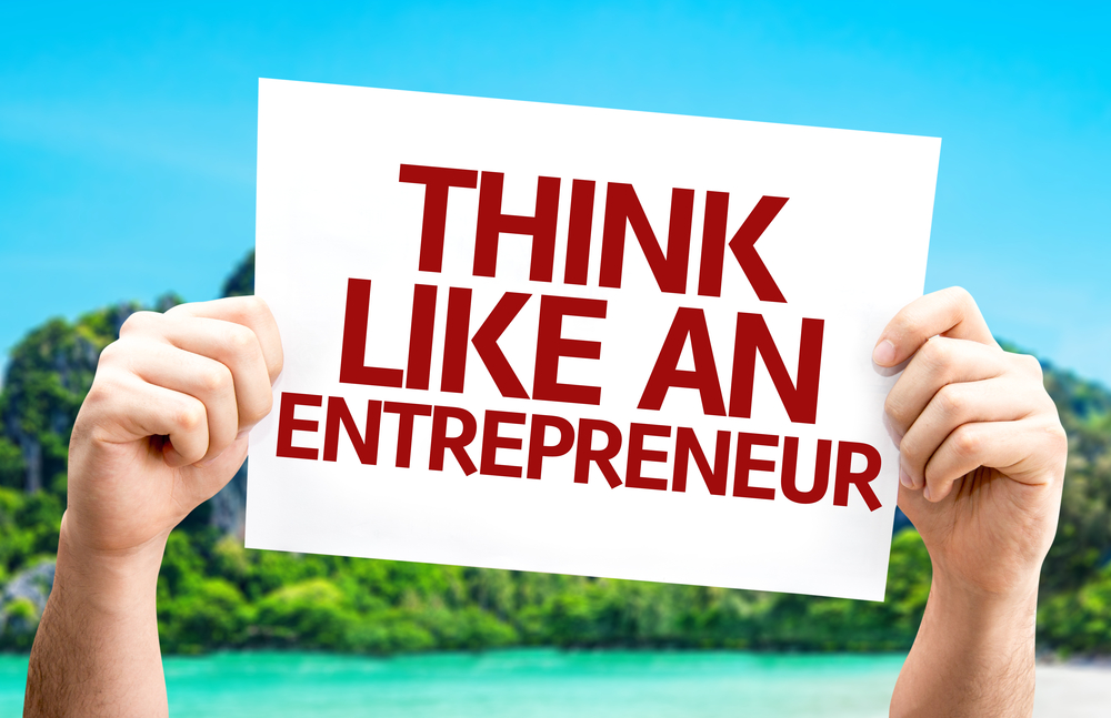 Think Like an Entrepreneur card with a beach on background